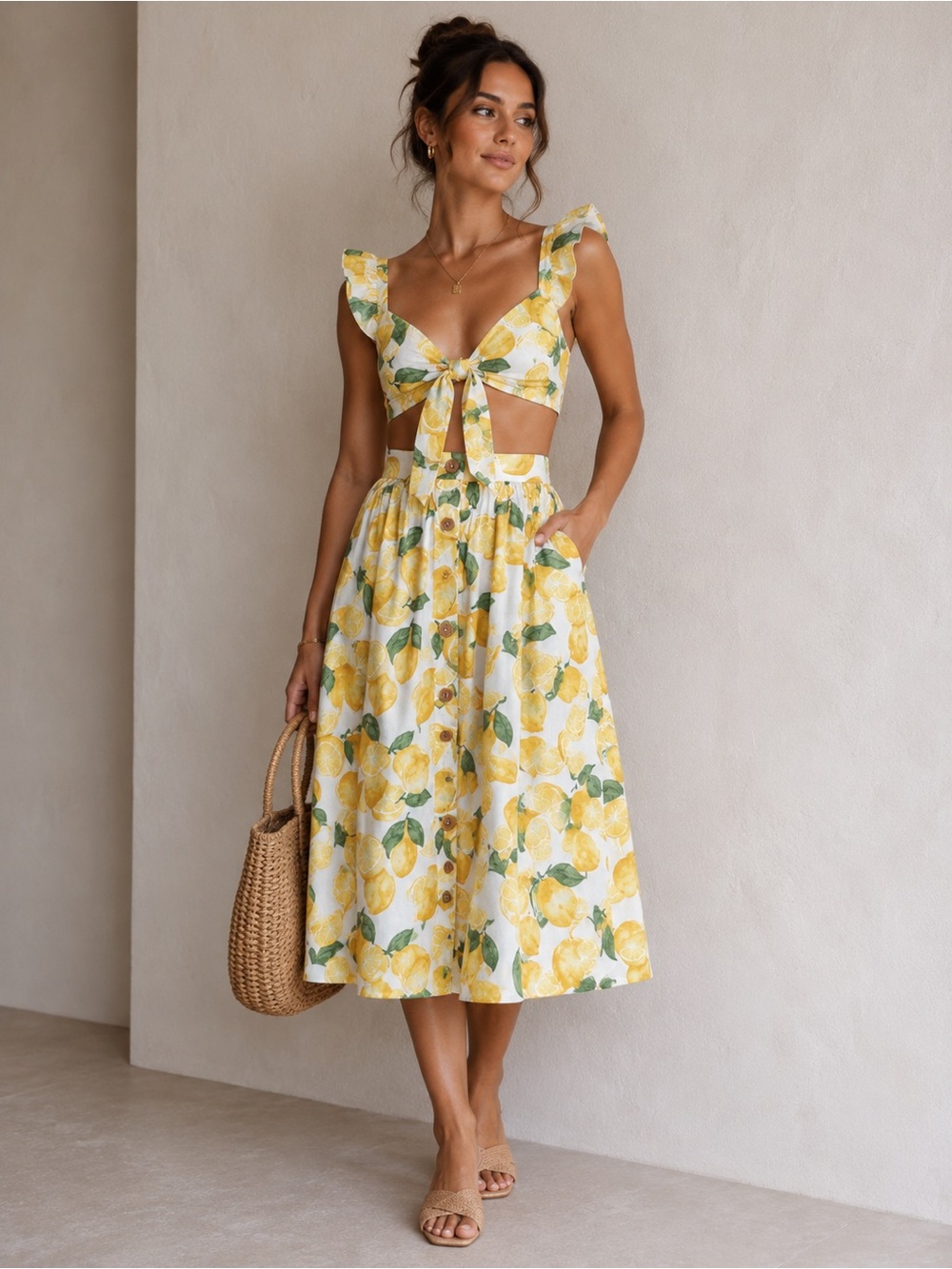 BCBGeneration Yellow Lemon Print Tie-Front Midi Dress